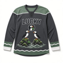 Load image into Gallery viewer, Puffin Sea Rocks St. Patrick's Day Hockey Jersey in Puffin Charcoal, front view – custom name and number