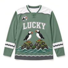 Load image into Gallery viewer, Puffin Sea Rocks St. Patrick's Day Hockey Jersey in Puffin Sea Green, front view – custom name and number