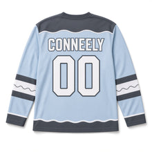 Load image into Gallery viewer, Puffin Sea Rocks St. Patrick's Day Hockey Jersey in Puffin Sky Blue, back view with your name and number