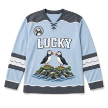 Load image into Gallery viewer, Puffin Sea Rocks St. Patrick's Day Hockey Jersey in Puffin Sky Blue, front view – custom name and number