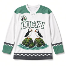 Load image into Gallery viewer, Puffin Sea Rocks St. Patrick's Day Hockey Jersey in Puffin White, front view – custom name and number