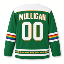 Load image into Gallery viewer, Rainbow Pot of Gold St. Patrick's Day Hockey Jersey in Rainbow Clover Green, back view with your name and number
