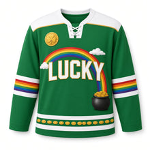Load image into Gallery viewer, Rainbow Pot of Gold St. Patrick's Day Hockey Jersey in Rainbow Clover Green, front view – custom name and number
