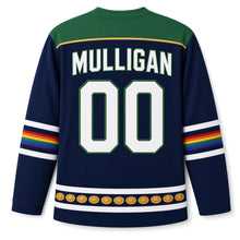 Load image into Gallery viewer, Rainbow Pot of Gold St. Patrick's Day Hockey Jersey in Rainbow Night Navy, back view with your name and number