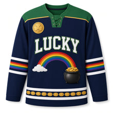 Load image into Gallery viewer, Rainbow Pot of Gold St. Patrick's Day Hockey Jersey in Rainbow Night Navy, front view – custom name and number