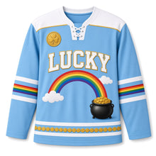 Load image into Gallery viewer, Rainbow Pot of Gold St. Patrick's Day Hockey Jersey in Rainbow Sky Blue, front view – custom name and number