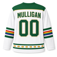 Load image into Gallery viewer, Rainbow Pot of Gold St. Patrick's Day Hockey Jersey in Rainbow Cloud White, back view with your name and number