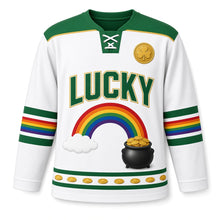Load image into Gallery viewer, Rainbow Pot of Gold St. Patrick's Day Hockey Jersey in Rainbow Cloud White, front view – custom name and number