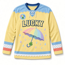 Load image into Gallery viewer, Rainbow Umbrella Shower St. Patrick's Day Hockey Jersey in Umbrella Butter Yellow, front view – custom name and number