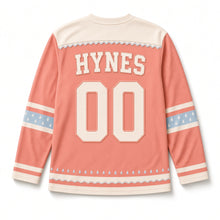 Load image into Gallery viewer, Rainbow Umbrella Shower St. Patrick's Day Hockey Jersey in Umbrella Coral, back view with your name and number