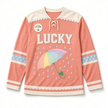 Load image into Gallery viewer, Rainbow Umbrella Shower St. Patrick's Day Hockey Jersey in Umbrella Coral, front view – custom name and number