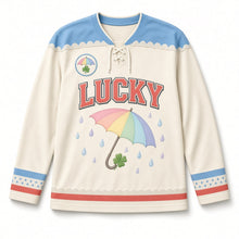 Load image into Gallery viewer, Rainbow Umbrella Shower St. Patrick's Day Hockey Jersey in Umbrella Cloud Cream, front view – custom name and number