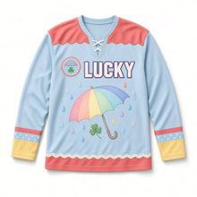 Load image into Gallery viewer, Rainbow Umbrella Shower St. Patrick's Day Hockey Jersey in Umbrella Sky Blue, front view – custom name and number