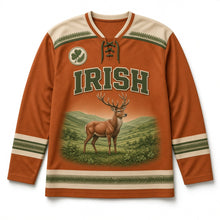Load image into Gallery viewer, Red Deer Glen St. Patrick's Day Hockey Jersey in Glen Bracken Rust, front view – custom name and number