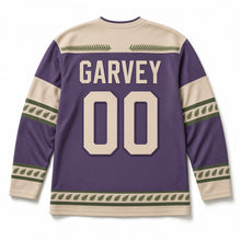 Load image into Gallery viewer, Red Deer Glen St. Patrick's Day Hockey Jersey in Glen Heather Purple, back view with your name and number