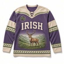 Load image into Gallery viewer, Red Deer Glen St. Patrick's Day Hockey Jersey in Glen Heather Purple, front view – custom name and number