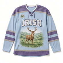 Load image into Gallery viewer, Red Deer Glen St. Patrick's Day Hockey Jersey in Glen Mist Blue, front view – custom name and number
