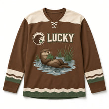 Load image into Gallery viewer, Riverbank Otter St. Patrick's Day Hockey Jersey in Otter Chestnut Brown, front view – custom name and number