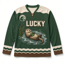 Load image into Gallery viewer, Riverbank Otter St. Patrick's Day Hockey Jersey in Otter Fern Green, front view – custom name and number