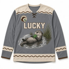 Load image into Gallery viewer, Riverbank Otter St. Patrick's Day Hockey Jersey in Otter Slate Grey, front view – custom name and number