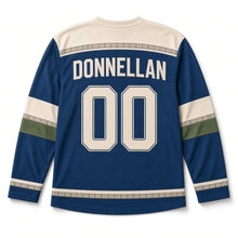 Load image into Gallery viewer, Round Tower St. Patrick's Day Hockey Jersey in Tower Dusk Blue, back view with your name and number