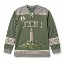 Load image into Gallery viewer, Round Tower St. Patrick's Day Hockey Jersey in Tower Moss Green, front view – custom name and number