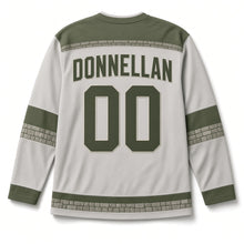 Load image into Gallery viewer, Round Tower St. Patrick's Day Hockey Jersey in Tower Stone Grey, back view with your name and number