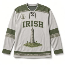Load image into Gallery viewer, Round Tower St. Patrick's Day Hockey Jersey in Tower Stone Grey, front view – custom name and number