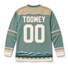 Load image into Gallery viewer, Sea Cliffs Lighthouse St. Patrick's Day Hockey Jersey in Coast Sea Green, back view with your name and number