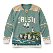 Load image into Gallery viewer, Sea Cliffs Lighthouse St. Patrick's Day Hockey Jersey in Coast Sea Green, front view – custom name and number