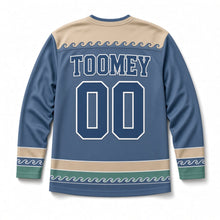 Load image into Gallery viewer, Sea Cliffs Lighthouse St. Patrick's Day Hockey Jersey in Coast Slate Blue, back view with your name and number