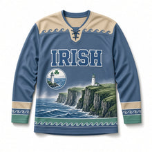 Load image into Gallery viewer, Sea Cliffs Lighthouse St. Patrick's Day Hockey Jersey in Coast Slate Blue, front view – custom name and number