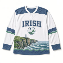 Load image into Gallery viewer, Sea Cliffs Lighthouse St. Patrick's Day Hockey Jersey in Coast White, front view – custom name and number