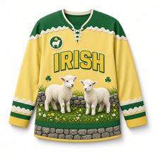 Load image into Gallery viewer, Spring Lambs St. Patrick's Day Hockey Jersey in Lambs Buttercup Yellow, front view – custom name and number