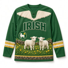 Load image into Gallery viewer, Spring Lambs St. Patrick's Day Hockey Jersey in Lambs Meadow Green, front view – custom name and number