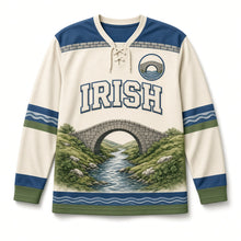 Load image into Gallery viewer, Stone Arch Bridge St. Patrick's Day Hockey Jersey in Bridge Cream, front view – custom name and number