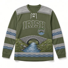 Load image into Gallery viewer, Stone Arch Bridge St. Patrick's Day Hockey Jersey in Bridge Moss Green, front view – custom name and number