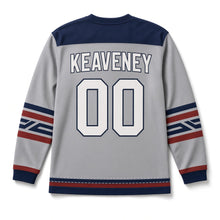 Load image into Gallery viewer, Swallows on a Wire St. Patrick's Day Hockey Jersey in Swallow Dove Grey, back view with your name and number
