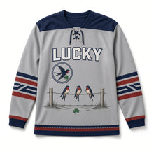 Load image into Gallery viewer, Swallows on a Wire St. Patrick's Day Hockey Jersey in Swallow Dove Grey, front view – custom name and number