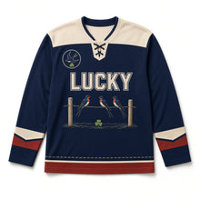 Load image into Gallery viewer, Swallows on a Wire St. Patrick's Day Hockey Jersey in Swallow Dusk Navy, front view – custom name and number