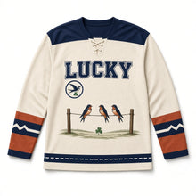Load image into Gallery viewer, Swallows on a Wire St. Patrick's Day Hockey Jersey in Swallow Oatmeal, front view – custom name and number