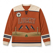 Load image into Gallery viewer, Swallows on a Wire St. Patrick's Day Hockey Jersey in Swallow Rust, front view – custom name and number