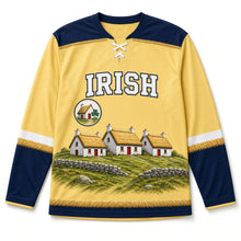 Load image into Gallery viewer, Thatched Cottage St. Patrick's Day Hockey Jersey in Cottage Butter Yellow, front view – custom name and number