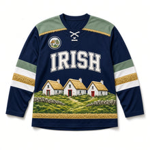Load image into Gallery viewer, Thatched Cottage St. Patrick's Day Hockey Jersey in Cottage Navy, front view – custom name and number