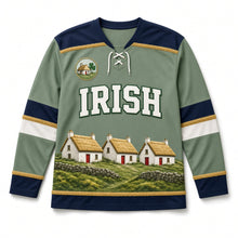Load image into Gallery viewer, Thatched Cottage St. Patrick's Day Hockey Jersey in Cottage Sage, front view – custom name and number