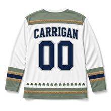Load image into Gallery viewer, Thatched Cottage St. Patrick's Day Hockey Jersey in Cottage White, back view with your name and number