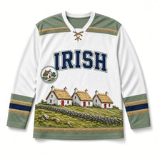 Load image into Gallery viewer, Thatched Cottage St. Patrick's Day Hockey Jersey in Cottage White, front view – custom name and number