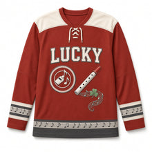 Load image into Gallery viewer, Tin Whistle St. Patrick's Day Hockey Jersey in Whistle Brick Red, front view – custom name and number