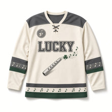 Load image into Gallery viewer, Tin Whistle St. Patrick's Day Hockey Jersey in Whistle Ivory, front view – custom name and number