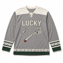 Load image into Gallery viewer, Tin Whistle St. Patrick's Day Hockey Jersey in Whistle Pewter Grey, front view – custom name and number
